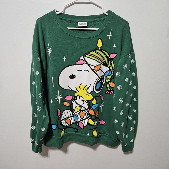 Snoopy Christmas With Lights Sweater Green Snowflakes B18 Large Read Description - Picture 1 of 6